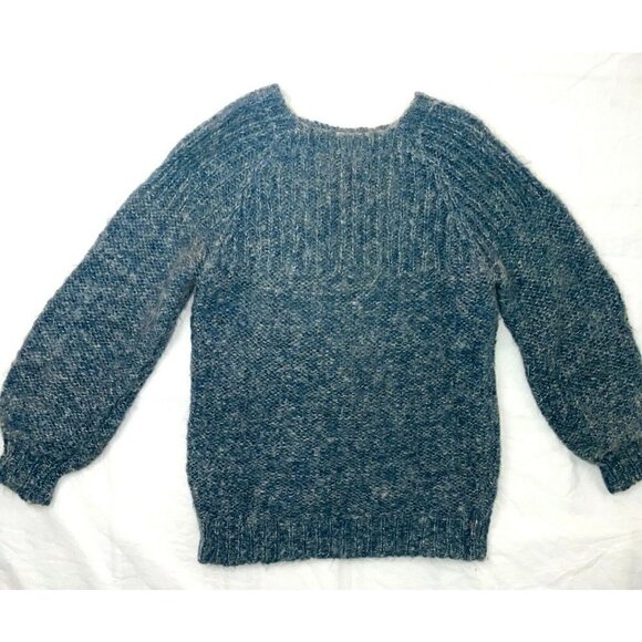 Hand Knit Sweater Womens Crew Neck Knit Cuff Metallic Thread Blue Silver - Picture 7 of 14